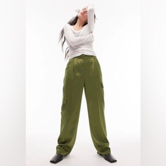 NEW Topshop satin cargo wide leg pants in khaki army olive green size 2 NWT - Picture 16 of 16